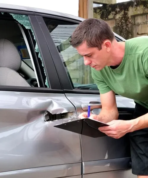 appraiser checks vehicle damage appraiser checks vehicle damage